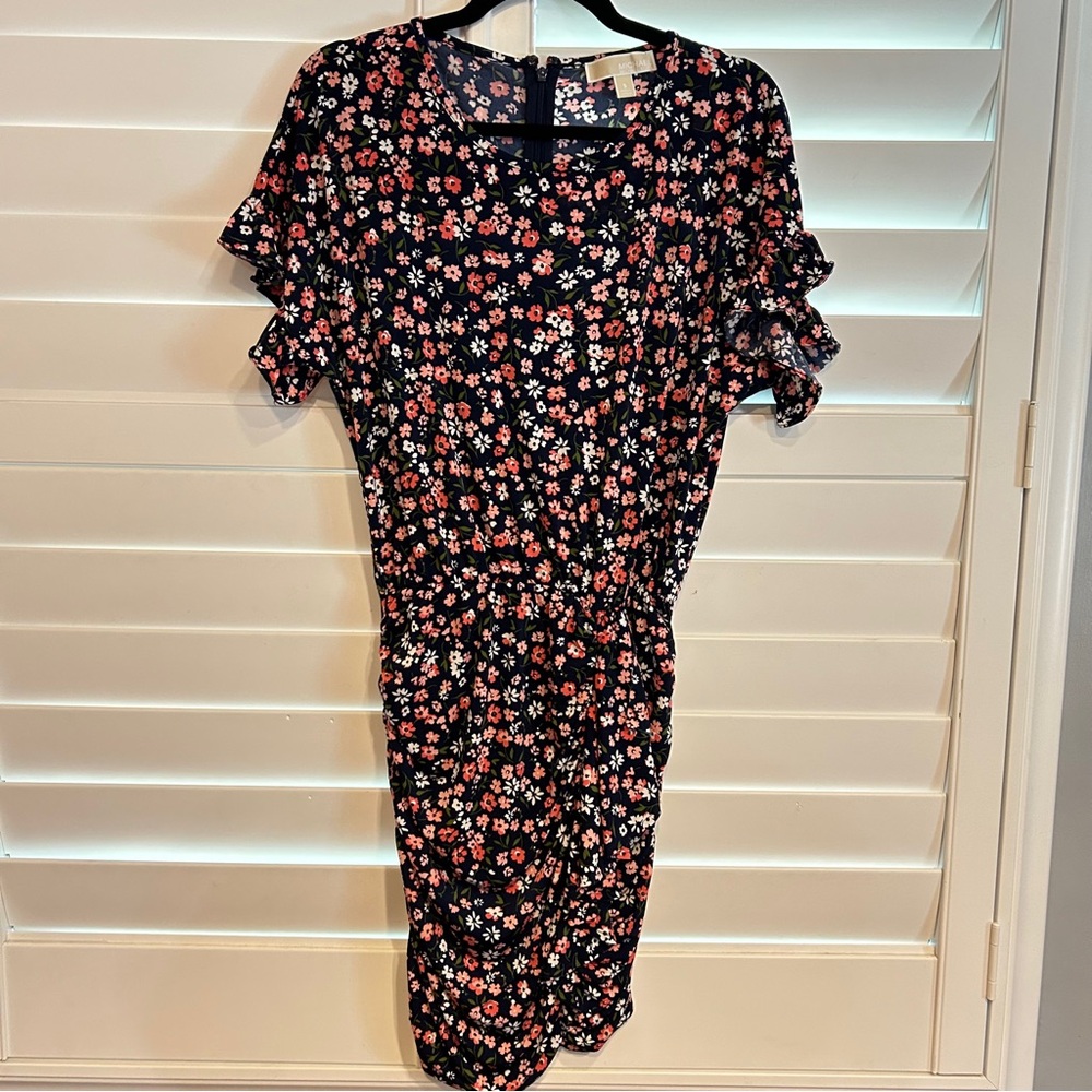 Michael Michael Kors Floral Print Knit Faux Wrap Dress with Ruffle Pink
